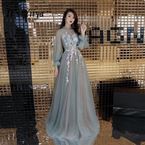 Its YiiYa Evening Dress Special Appliques Illusion Flowers Formal Dresses Back Lace Up Bow Lantern Sleeve Long Party Gown E084