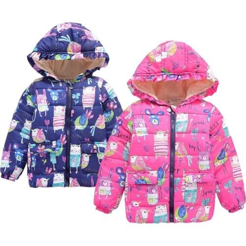Winter Girls Jackets Cartoon Doodle Keep Warm Christmas Boys Coat Hooded Zipper Fashion Children Outerwear Birthday Kids Clothes