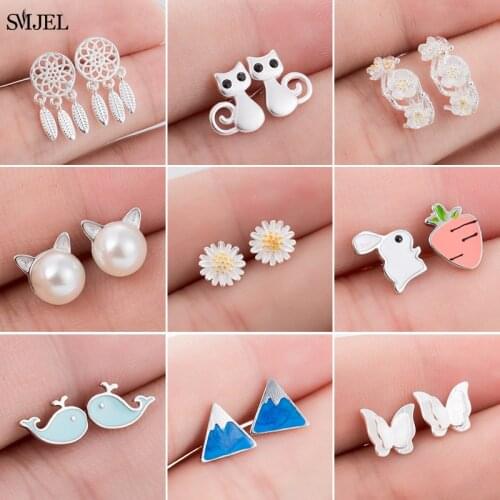 2021 New Simulated Pearl Cat Stud Earrings for Women Minimalist Daisy Mountain Whale Triangle Earings Jewelry Girls Party Gift