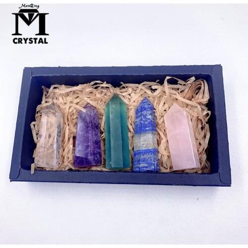5PCS gift box High quality Decorative Natural Hand Carved crystal column points quartz wand pillar for sale healing Wand