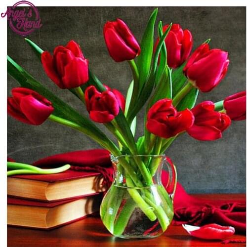 5D DIY Diamond embroidery red tulip flower&book diamond painting Cross Stitch full square Rhinestone mosaic home decoration