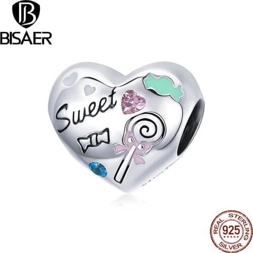 BISAER Sweet Candy Beads 925 Sterling Silver Sweet Heart Charms Pendant Fit DIY Bracelet Necklace Jewelry Accessories ECC1767