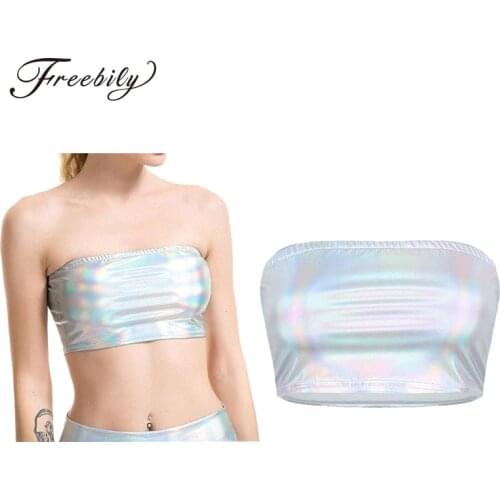 Shiny Silver Holographic Multi Colors Designs Tank Tops Fashion Strapless Tube Top Bandeau Bra Crop Top Women Sexy Club Camis