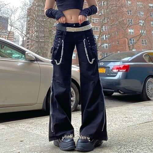 Black Goth E Girl Streetwear Cargo Pants Women Dark Academic Techwear Cross Tie Up Low Waist Punk Style Wide Leg Pants