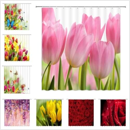 Flower Shower Curtains Tulip Rose Floral Plant Butterfly Spring Scenery Home Bathroom Decor Polyester Fabric Bathtub Curtain Set