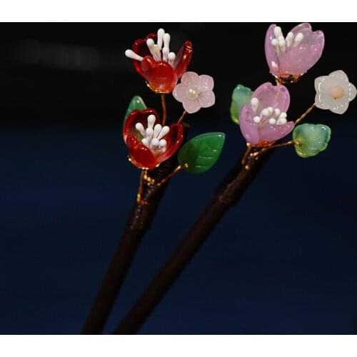 Flower Handmade Glass Hairpin Clips Bridal Crystal Flowers Wooden Hair Fork Chinese Hanfu Dress Hair Sticks Decorative Jewelry
