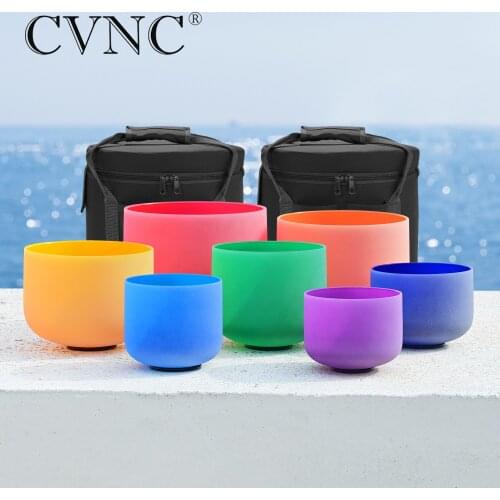 CVNC 6"-12" Note CDEFGAB set of 7PCS Chakra Frosted Quartz Crystal Singing Bowl with Free Carry Bag