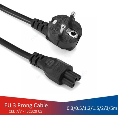 Laptop Power Cord 0.5m 6ft 2m 3m Euro Plug EU IEC C5 Power Adapter Cable For Dell HP Notebook PC Computer Monitor Printer LG TV