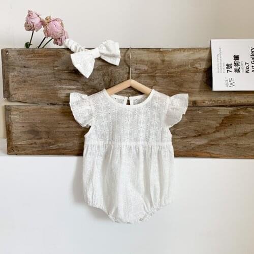 Newborn Baby Romper Sunsuit Baby Girls Clothes Embroidery Infant Jumpsuits Hollow Girls Romper Toddler Playsuit With Headband