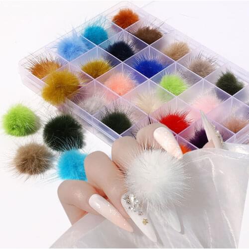 24PCS/Box Magnetic Puffy Nail Pom Poms Kit, Detachable 6Color (4PCS/Color) Nail Charm For DIY Nail Decoration Charms 2.7*2.7cm