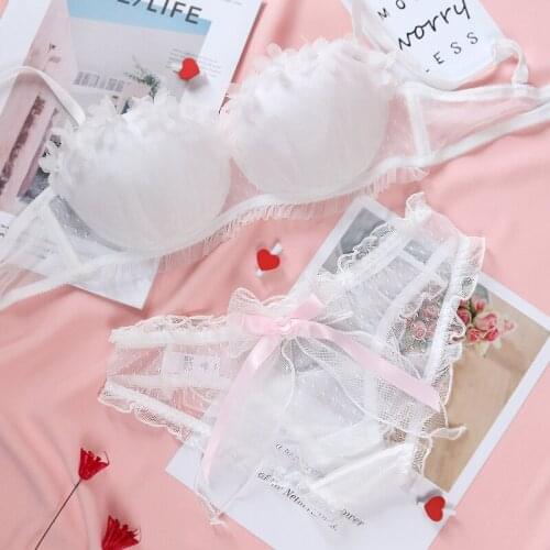 Korean Beautiful Wedding Underwear Transparent Fox Gathered Bra and Panty Set with Big Bow Japanese Sexy Bra & Brief Sets White
