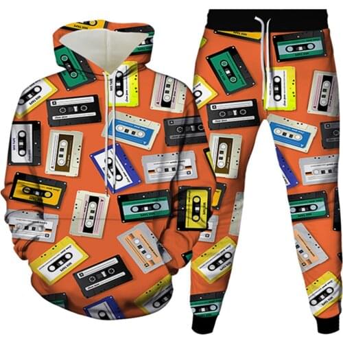 Autumn Spring Men Women Music Tape Hip Hop Funny Print Casual Clothing Suit Teen Hoodies+Trousers 2PcsSet Sportwear Tracksuits