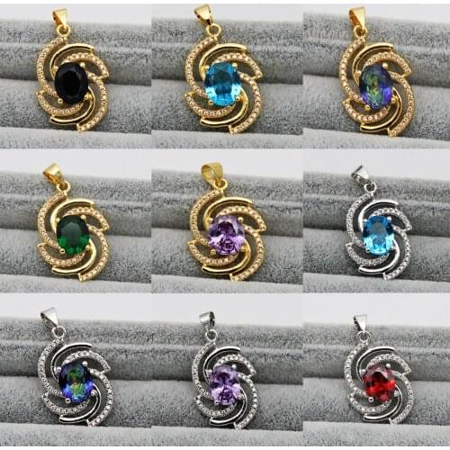 New Trendy White Gold Plated Copper Oval Pendant Dimond Accented With Red Pink Blue White Stone Women Jewelry Accessories Gift