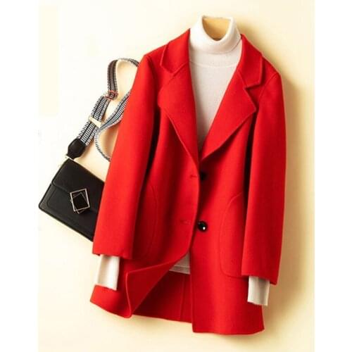 2021 Winter Coat Womens Pure Wool Solid Color Coat Double-Faced Outerwear Female Wool Jacket Section Cashmere Suit Collar Woolen