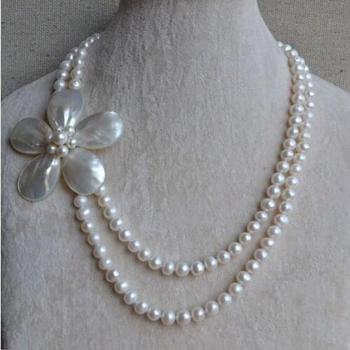 Charming Real Pearl Jewelry,2Rows 7-8mm White Color Freshwater Pearl Necklace Handmade Shell Flower Necklace