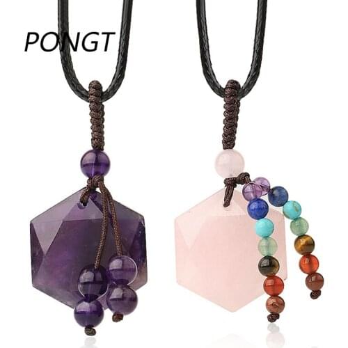 PONGT Natural Crystal Stone Seven Chakra Necklace Faceted Six Pointed Star Small Tassel Pendant For Women Men Jewelry