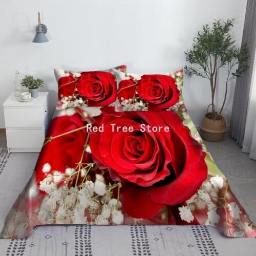 Red Rose Flowers Flat Sheet with 1/2pc Pillowcase 3D Printed Bedding Sheets for Wedding Home Decor High Quality 100% Polyester