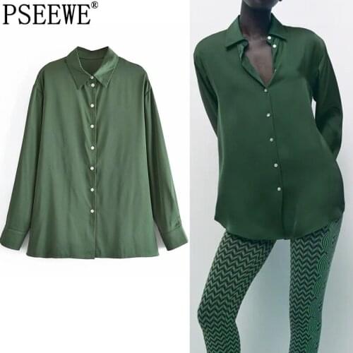 PSEEWE Za 2021 Green Satin Shirt Women Collared Button Up Shirt Woman Fashion Long Sleeve Top Female Autumn Vintage Blouse