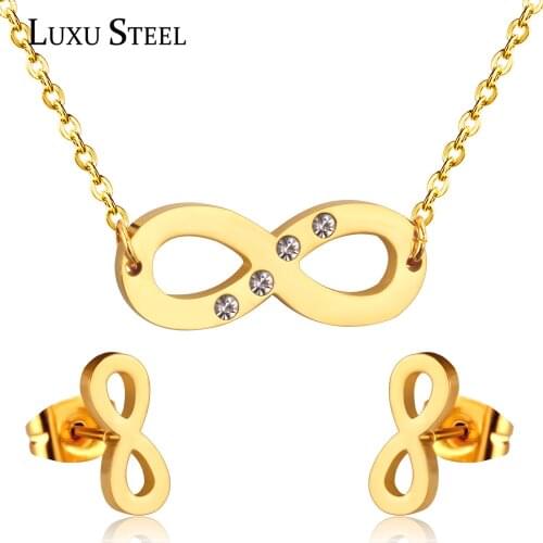 LUXUSTEEL girls jewelry Infinity With Round Crystal Pendant Necklaces Stainless Steel Chains Jewelry Sets Wedding Jewelry Party