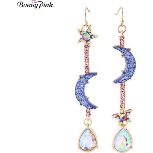 Banny Pink Walking Moon Pendant Studs Earrings For Women Shiny Moon Star Statement Post Earrings Fashion Jewelry Pendientes