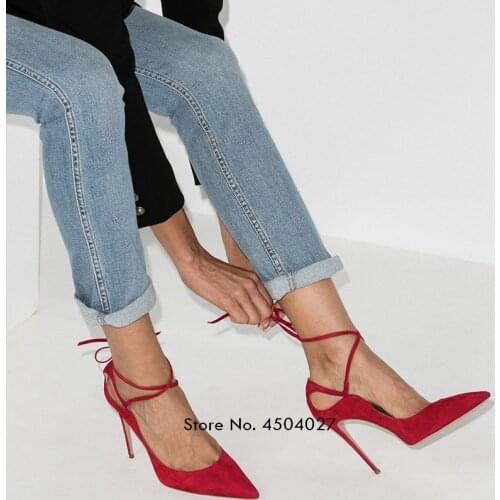 Red Black Thin Heels Women Pumps Cross Strap Shoes Woman Ladies Pointed Toe High Heels Dress Party Shoes