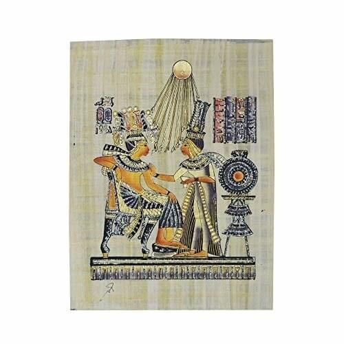 Tut ANK Amón y su Mujer sobre un papiro Original Hecho y Pintado a Mano en Egipto, Mide 33x43 cm Aproximadamente. Ref. 43V-E