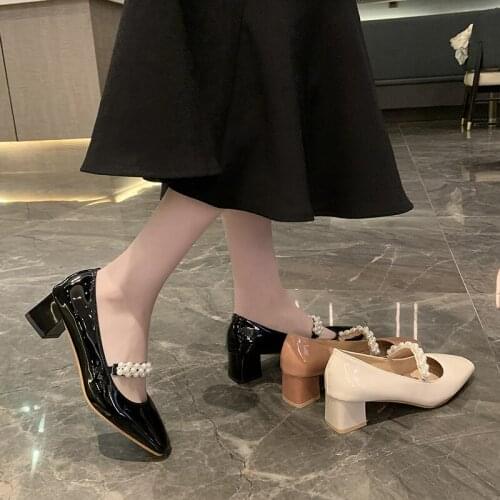 Womens High Heels 2020 New Thick Heel Mary Jane Shoes Womens Comfortable Retro Girl Pearl Square Ladies Style Soft Shoes