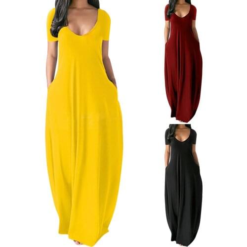 40# Women Vintage Casual Dress Plus Size Pocket Solid Color Sundress V-neck Short Sleeve Long Elegant Boho Dress Women Summer