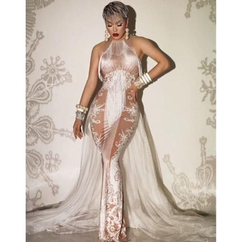 European Vintage White Fringe Printing Tail Long Dress Bar Nightclub Singer Host Performance Outfit Host Tassel Dress Costume