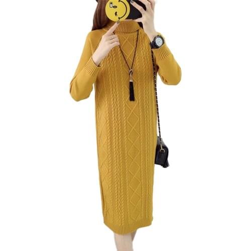 Autumn Winter Knit Dress for Women Pullover Sweater High collar Long sleeve Long Bottoming shirt Hem Split ends Dresses Female