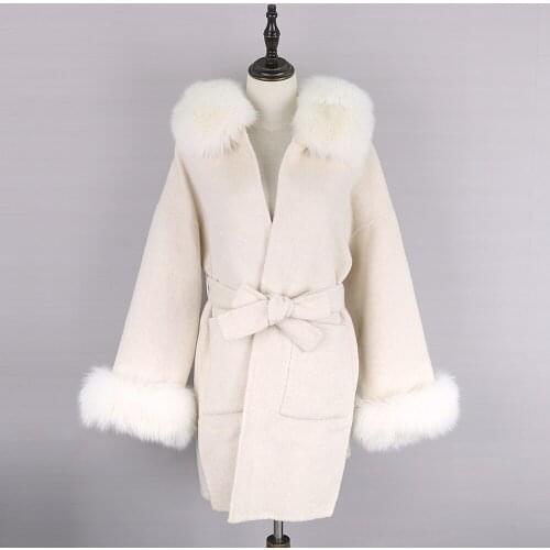 Winter Jacket Women Natural Fox Fur Collar Cashmere Wool Blends Outerwear Streetwear Oversize2020 Real Fur Coat