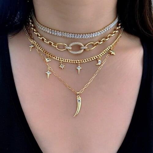 Gold Color Punk Cuban Choker Necklace Zircon Star Moon Key Pendant Necklaces Boho Women Fashion Jewelry Accessories Dropshipping