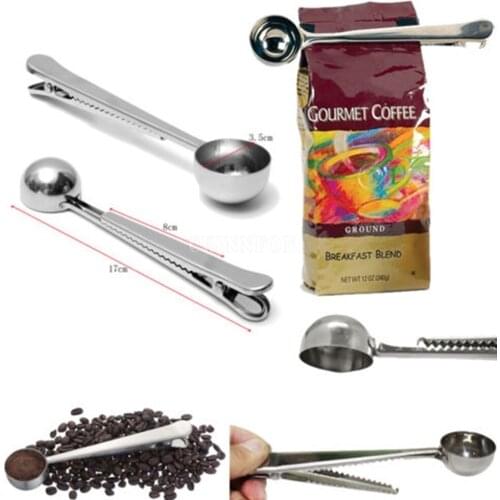 200Pcs/Lot Hot Style Stainless Steel Cup Ground Cooking Tool Spoon Coffee Measuring Scoop With Bag Sealing Clip