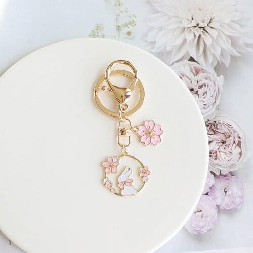 Girls Sakura Ring Rabbit Keychain for Women Cute Backpack Pendant Keyring for Airpods Case Charms Car Keychain Couple Kids Gifts