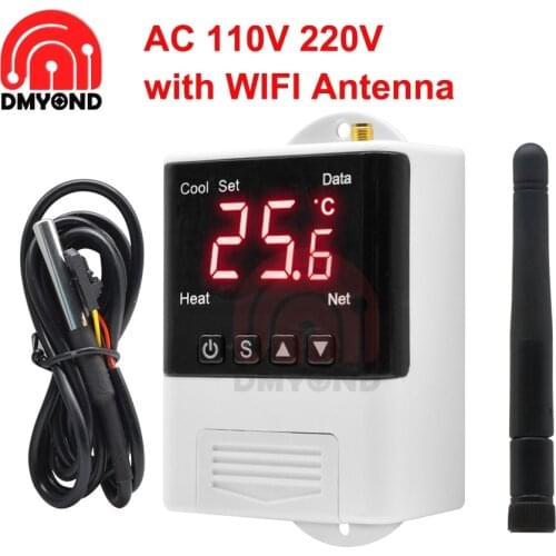 New AC 110V 220V Digital Temperature Controller For Incubator Cooling Heating Switch Thermostat DS18B20 Sensor with WIFI Antenna