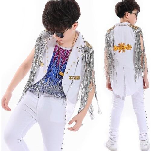 ChildrenS Jazz Dance Costumes Boys Drums Clothes Sequins Tops Tassels Rivets Jacket Chorus Stage Hiphop Suit Tuxedo Vest DL3962