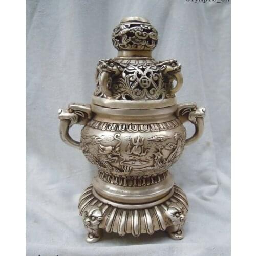8" China silver carved finely dragon phoenix incense burner Sculpture statue