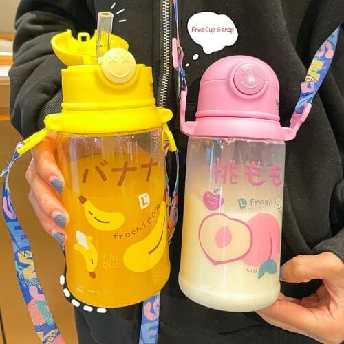 Summer Cute Fruit Drinking Bottle Large Capacity Clear Plastic Cup With Straw Kawaii Girl Kids Outdoor Portable Sippy Water Cups