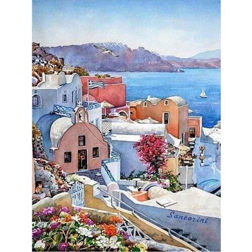 Small Town Scenic Diamond Painting Round Full Drill Santorini Mediterranean DIY Mosaic Embroidery 5D Cross Stitch Home Decor