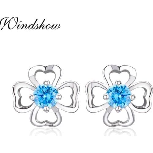 Cute Four Heart Petal Clover Blue CZ Stud Earrings For Women 925 Sterling Silver Aretes Girls Child Kids Jewelry Orecchini Aros