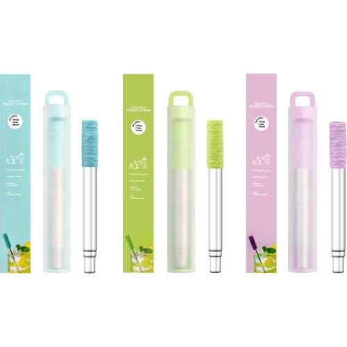 Portable 304 Stainless Steel Telescopic Straw Creative Telescopic Straw Set Folding Straw Color Box with Cleaning Brush