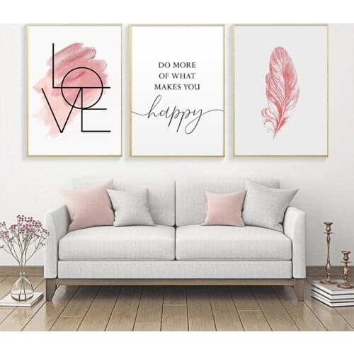 Simple Nordic small fresh INS pink feather watercolor LOVE porch living room murals poster print canvas decorative painting