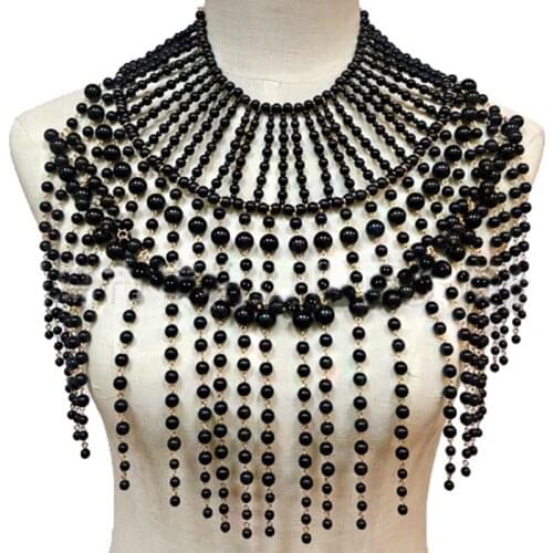 Luxurious Jewelry Bib Choker Necklace Handmade Hollow Out Woven Water Drop Pearl Beaded Layered Body Chain Shawl Collar