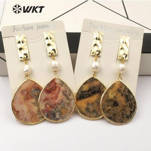 WT-E539 WKT Natural Jaspers Stone Earring Teardrop Shape Gem Slice Pendant With Pearl Charm Women Fashion Earring Jewelry