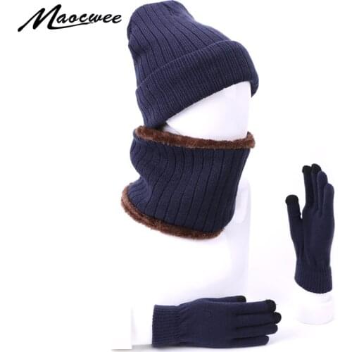 Three-piece Scarf Hat Glove Women Beanie Cap Touch Screen Winter Keep Warm With Velvet Knitted Hats Unisex Elastic Hats Outdoor