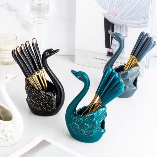 Creative Light Luxury Swan Fruit Fork Stainless Steel Snack Fork Cake Moon Cake Dessert Ceramic Fork Set