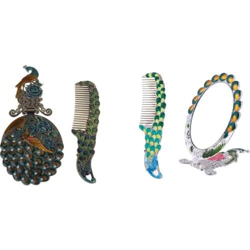 Vintage Metal Peacock Pattern Mirror and Comb Set Portable Vanity Beauty Tool Best Gifts