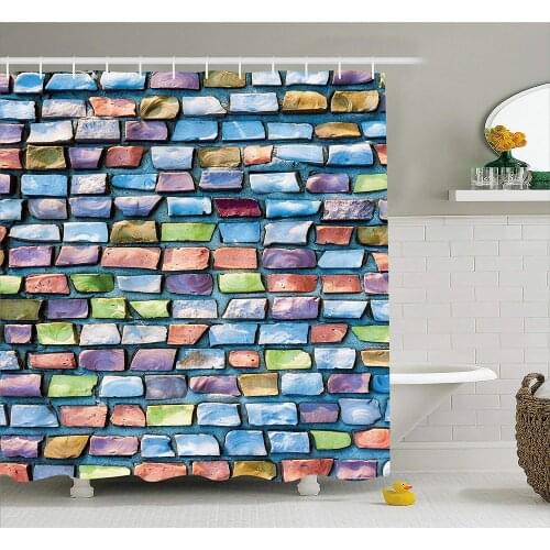 Geometric Shower Curtain Colorful Mosaic Tiles Pattern Brick Wall Design with Grunge Effect Fabric Bathroom Decor Set with Hooks