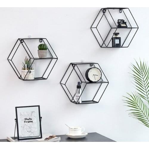 Iron Art Wall Mounted Shelf Minimalist Wrought Iron Hexagonal Wall Shelf Living Room Bedroom Wall Decoration Storage Racks
