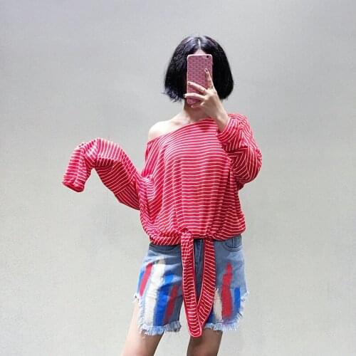 Almoda 2016 Autumn New Arrival Women Striped Casual Tshirts Brief Preppy Style Stripe Loose Batwing Sleeve Tie Strap Waist Tees